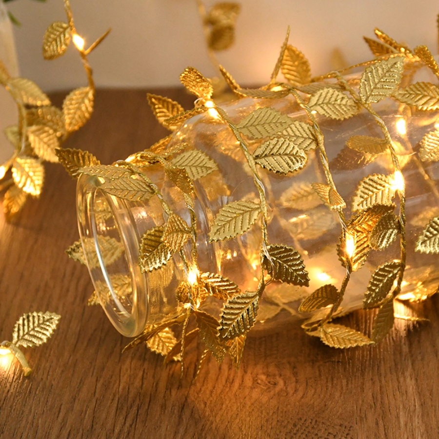Outdoor Power Wire - Goldene Blatt-Rattan-Kupferdraht-Lichterkette, batteriebetrieben, für Weihnachten, Hochzeit,